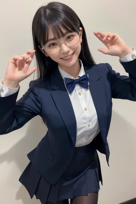 Navy Blue Blazer、(( Hides below the knee with a navy blue tight skirt))、White blouse、((navy blue plain large bow tie))、((( black pantyhose)))、(( Black Loafers ))、(( full body photo standing up to his feet))、 cute female middle school student 、Age 15、Height...