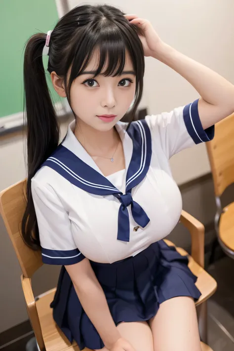 (Solo photo of a Japanese female junior high school 1st grader ) (完璧なJunior high school studentsの女性の顔)　( above the knee shot )((  her hairstyle is up to the ankle growing 、 they have thick twin tails that are very wavy :1.2))　(wear Japanese School Uniform,...