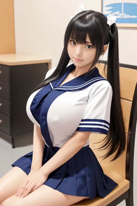 (Solo photo of a Japanese female junior high school 1st grader ) (完璧なJunior high school studentsの女性の顔)　( above the knee shot )((  her hairstyle is up to the ankle growing 、 they have thick twin tails that are very wavy :1.2))　(wear Japanese School Uniform,...