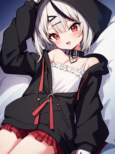  1 girl, Chloe, sakamata Chloe, Alone, Gloves, red eyes, Head ornament,  red ribbon ,  plaid ribbon, Grey Hair,  Multi Colored Hair,  black hair,  striped hair, bangs,  shorthair,  off shoulder, Bare shoulders,  medium chest ,  hoodies ,  white shirt,  jac...