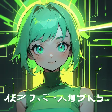 AN ADORABLE GREEN GIRL IN FRONT OF A NEON SCREEN WITH TEXT "1500"