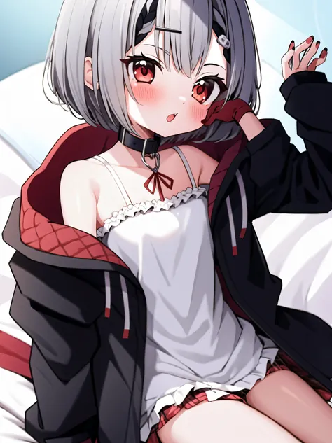  1 girl, Chloe, sakamata Chloe, Alone, Gloves, red eyes, Head ornament,  red ribbon ,  plaid ribbon, Grey Hair,  Multi Colored Hair,  black hair,  striped hair, bangs,  shorthair,  off shoulder, Bare shoulders,  medium chest ,  hoodies ,  white shirt,  jac...