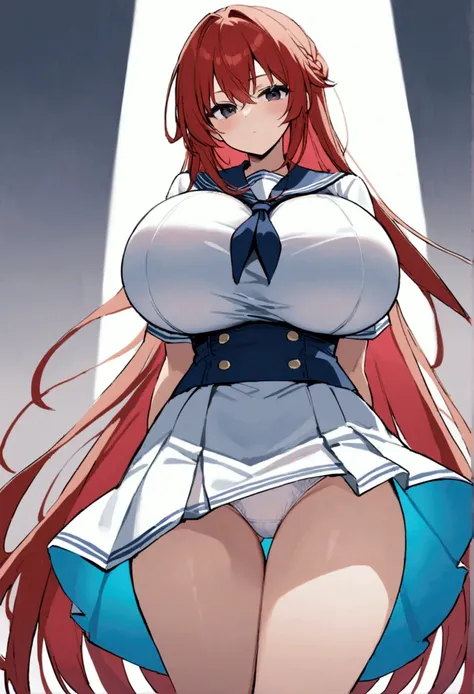 My name is Hikaru, I am a white test woman with long red hair and black eyes. I am 1.60 cm tall and weigh 46 kg. My breast sizes are 300 cm, my waist is 60 cm and my hips are 200 cm. Dressed in a white short-sleeved sailor uniform shirt and a navy blue min...