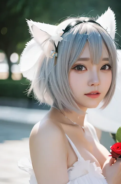 there is a woman with a white dress and a red rose in her hair, anime  cosplay, anime girl  cosplay,  cosplay photo,  anime style mixed with Fujifilm,  cosplay, White-haired goddess,   beautiful fox woman  ,  cosplayer, White cat girl, Girl Silver Hair, ne...