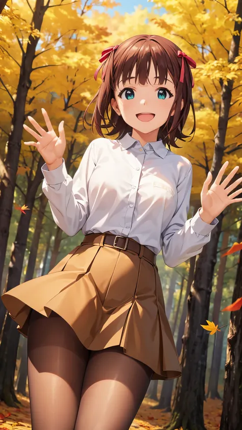 1 girl, alone, haruka amami, casual autumn clothes, mini flare skirt, (black pantyhose: 1.1), (thighs), cowboy shot, standing, looking at viewer, waving, (smile: 1.2), open mouth, In the forest of autumn leaves, blue sky, CG, unity, 8k, wallpaper, highest ...