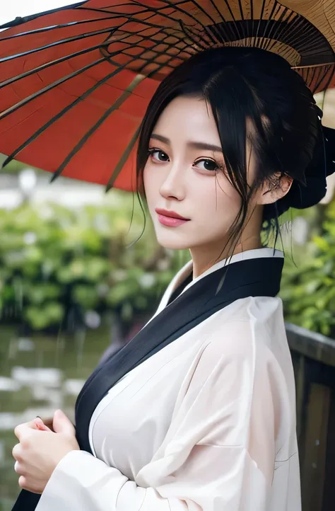 , Max Image, best quality,masterpiece, realistic , Very detailed,Woman in kimono,whole body, and my hair tied up in the rain hangs slightly,Lower your gaze,(( Its raining)),Oiran,White umbrella ,