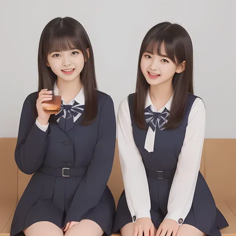 (Highest quality, masterpiece:1.2), Highest quality, High resolution, 1080P, 8k, (Two 13yo Japanese slender 清楚美少女アイドル are seated and give strong subliminal sexual invitation and temptation, undressing navy uniform, cute skirt with beautiful knees, looking ...