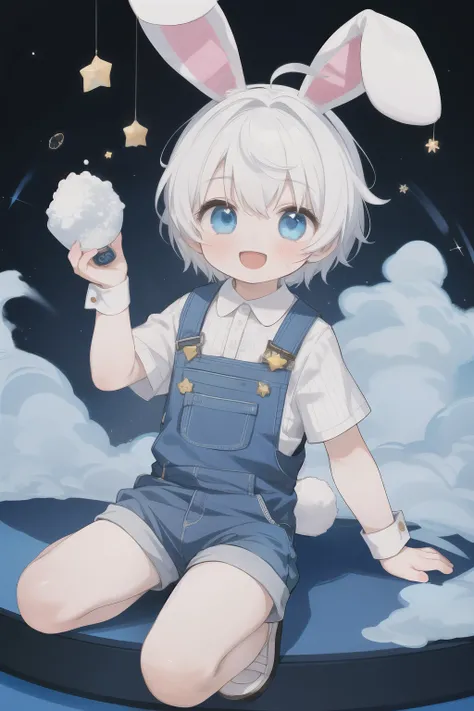 1 Boy, Animal ears,  white hair , Short hair, rabbit, Open your mouth, Smile, rabbit， blue eyes,  looking at the audience , :d, whole body,  Simple Background , Electronic style , stripe， blush, Argyle, Star (symbol)，Blue powder，overall，Blue powder色，whole ...