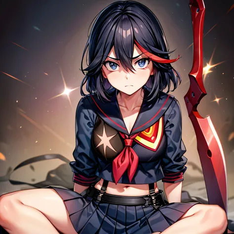 beautiful, masterpiece, best quality, extremely detailed face,  perfect lighting,1girl, solo, matoi ryuuko, black serafuku, black skirt, red hair, head rest, looking at viewer, scissor blade, sword, weapon, sitting, iridescent sparkling background, dynamic...