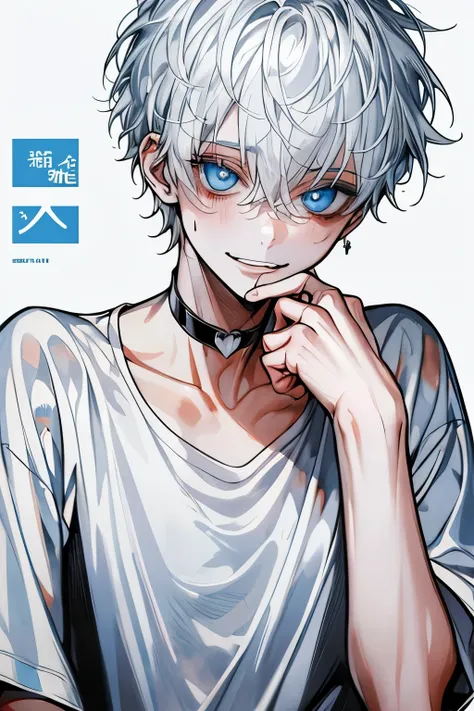  Top Quality, masterpiece,  high resolution, 8k, male,  white hair, sky blue eyes , White T-shirt,  white background with nothing,  smiley face, Cover your mouth with your hand, ,  black choker inside the lab, sweat, Wounds 