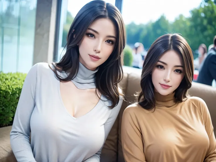 a beautiful young woman in a casual outfit, medium length hair, lady bikers, detailed face, alluring eyes, full lips, large bust, turtle neck t-shirt, leather jacket, outdoor date setting, soft lighting, warm colors, photorealistic, 8k, cinematic, beautifu...