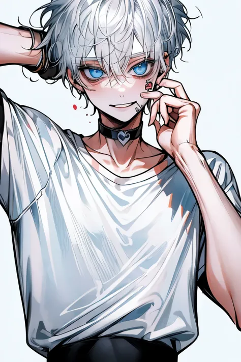 Top Quality, masterpiece, high resolution, 8k, male, white hair, sky blue eyes , White T-shirt, white background with nothing, smiley face, black choker inside the lab, sweat, bands , band-aid