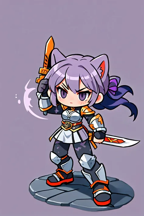  A female warrior wields a sword ,   Medieval Iron Armor ,  Costume Color Gray, Natural background.  light purple hair ,  cat ears , black eyes ,  Hero landing moves with a sword,   Battle Sword  . Aggressive posture  