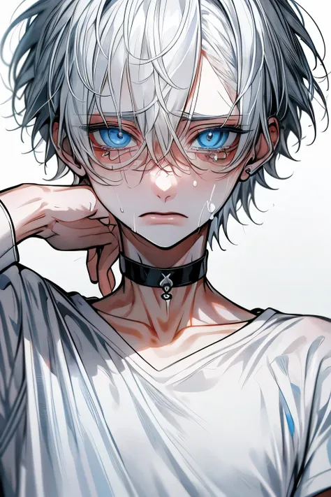 Top Quality, masterpiece, high resolution, 8k, male, white hair, sky blue eyes , White T-shirt, white background with nothing, crying face, black choker inside the lab, sweat, bands , band-aid
