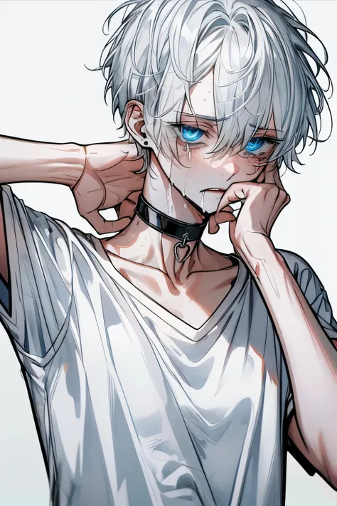  Top Quality, masterpiece,  high resolution, 8k, male,  white hair, sky blue eyes , White T-shirt,  white background with nothing, crying face,  black choker inside the lab, sweat, bands , band-aid