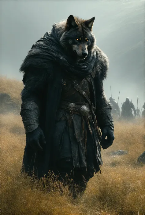 A very majestic werewolf, strong and very muscular, in a forest of dry grass, dominant and angry, fearless of anything, in an area of ​​ancient indigenous people running. Large size, eyes radiating anger, gray fur, He wears the fur robe of an ancient Vikin...