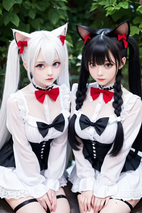  real、 black hair、Black clothes、Red eyes、 red ribbon 、 twin tails、Cat ears、 big breasts、clear。Second Person　twins　 real、White Hair、White clothes、 blue eyes、 Blue Ribbon、 twin tails、Cat ears、 big breasts、Tsundere。