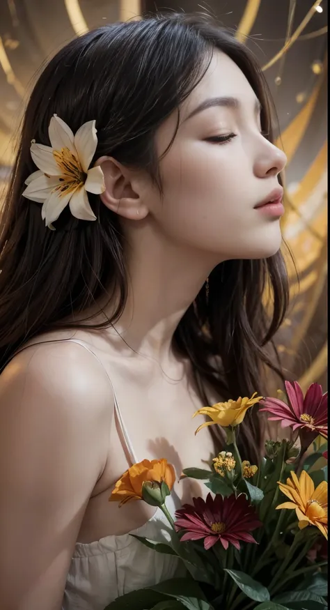 
" An artistic composition that combines a figure of faith in profile with Delicate.  The woman has closed eyes and a serene expression ,  with dark hair decorated by large flowers of different colors  (white, orange, and red).  The flowers seem to merge w...