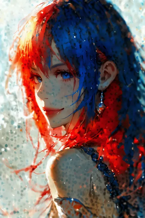 Red and blue hair、Two-tone in the middle、 long、 one girl、smile