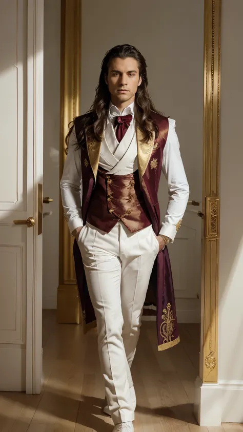 A full-body portrait of a man standing still and facing the camera in a minimalist, all-white studio. He is dressed in an elaborate outfit inspired by the Beast from Beauty and the Beast, featuring a deep blue velvet tailcoat with intricate gold embroidery...