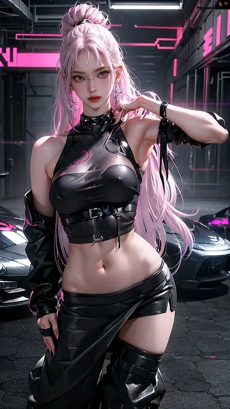 woman,  Pink Grey Hair , Green Eyes,  wearing a black crop top shirt,  Long Black Jacket ,  red check skirt , ( black knee-high boots), black fingerless gloves , exposed shoulders, (whole body), Big breasts Freckles, ,  abs,  watch viewers, masterpiece,  b...