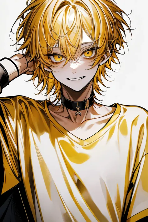  Top Quality, masterpiece,  high resolution, 8k, male,  yellow hair , Yellow eyes , White T-shirt,  white background with nothing, Laughing face, Cover your mouth with your hand, ,  black choker inside the lab