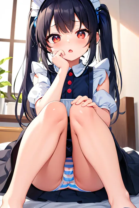 masterpiece、 Max Image、 super high resolution、A Very petite, very short, very young kindergarten girl、twin tail hairstyle、black hair、Red face、shyly、open your mouth just a little、Short-sleeved maid costume for very young kindergarten girl、mini skirt of maid...