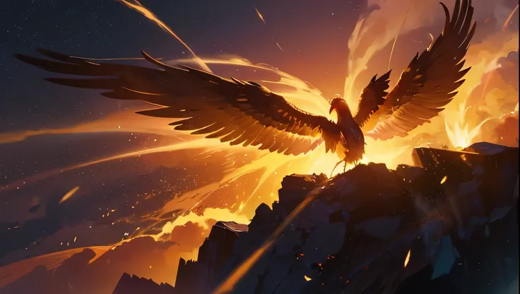 A mystical and symbolic scene showing a Phoenix reborn from its ashes. The glowing embers of the ashes shimmer with fiery reds and golden hues, while a radiant, newly hatched Phoenix emerges, spreading its delicate wings. The bird shines with vibrant feath...