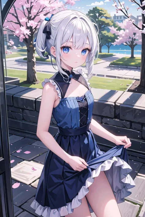 (masterpiece), A girl, white hair, blue eyes, blue dress with black details, a cherry tree.