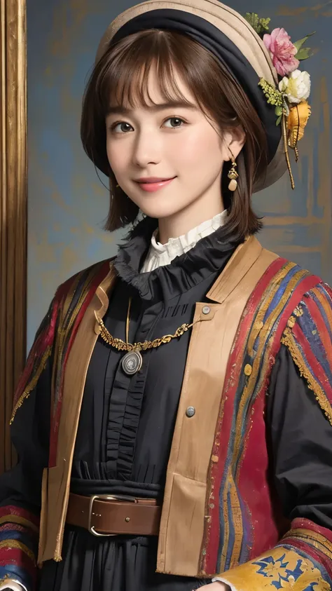 329 (Horse and 20-year-old woman ), ( super real ), (horse barn、There is a horse), ( short hair ), (smile), (( gorgeous costume、 colorful )), (( Rembrandt-style painting)), flower