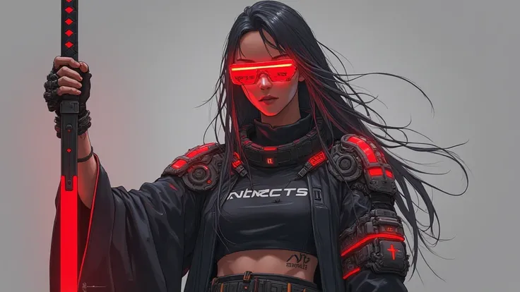 a woman with long hair and wearing digital red glasses and black croped top kimono with cyberweres and armors, She is holding a red cyber katana in her hand, the camera angle is slightly from bellow, 