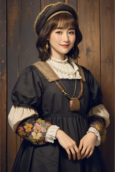 329 (Horse and 20-year-old woman ), ( super real ), (horse barn、There is a horse), ( short hair ), (smile), (( gorgeous costume、 colorful )), (( Rembrandt-style painting)), flower