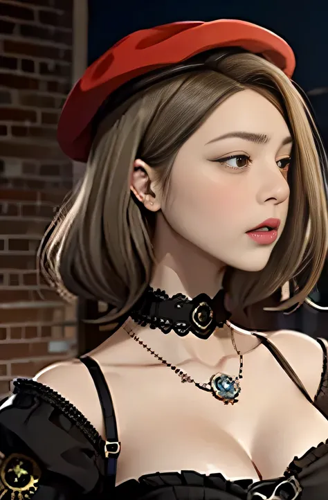 close-up, straight hair blonde short curly 20 years old girl the little red hat, clock on necklace, (Victorian era), ((steampunk)), cinematography, worked, elegant, meticulous, magnificent, maximum detail, extremely hyper-aesthetic, intricately detailed, l...