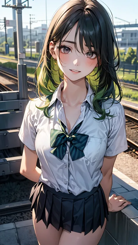 (high school girl waiting at the train station), 
(masterpiece:1.3, top-quality, ultra high res, ultra detailed), (realistic, photorealistic:1.3), beautiful illustration, perfect lighting, natural lighting, colorful, depth of fields, 2024s,
beautiful detai...