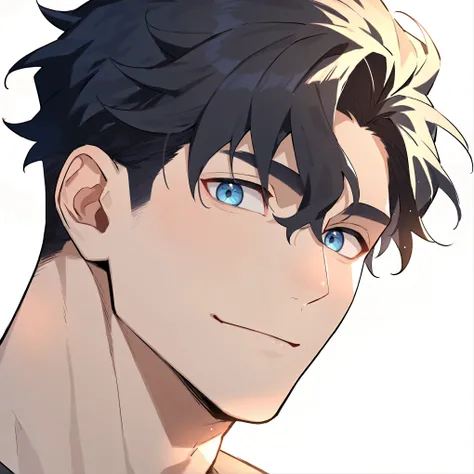 1boy, male focus, eyes focus, handsome male, tall male, muscular, muscular male, black tshirt, solo, upper body, looking at viewer, very black hair, wavy hair, blue eyes, bangs, simple background, best quality, amazing quality, best aesthetic, absurdres