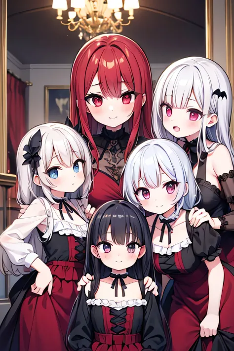 Five vampire girls and a vampire mother with different hair colors and different size