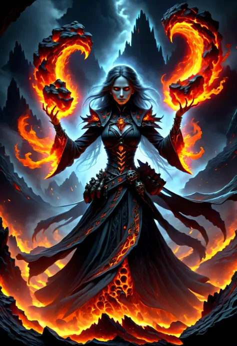 hyper detailed masterpiece, dynamic, awesome quality, a female necromancer conjuring lava radiation DonMM4g1cXL magic,  