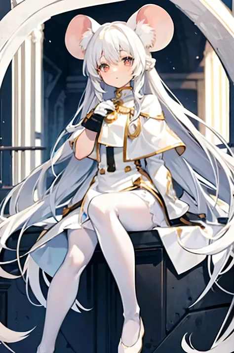 White hair， long hair， mouse ear ，Mainly white， white pantyhose