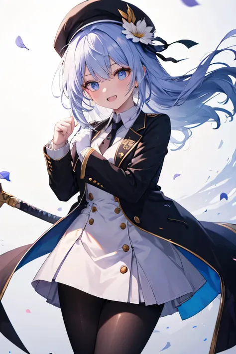 girl smiling, unsheathed his sword , ( showing teeth), standing, combat pose, mmorpg background , mmorpg background (A stranger), complete anatomy, graphic effects , ornament of an accessory shaped like a flower on his head , aura, primera persona, Bl...