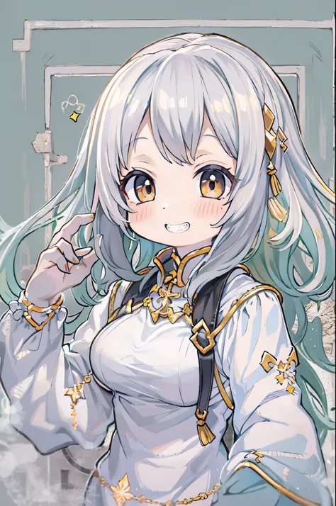  best quality, High image quality,   Masterpiece , Grey Hair,  golden eyes, White clothes, Look up,  upper body, hair,  white skin,  Side Blade , smile, Double teeth, Chibi