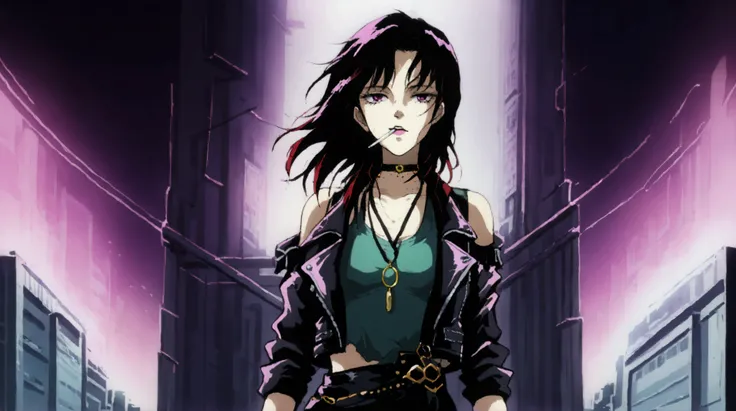 90s dark anime punk girl with aviators and long dark hair. A urban city in the background illuminates her. She wears a leather jacket over a green tank top and a choker necklace. She leans against a pillar with a cigarette in her mouth. There is an overall...