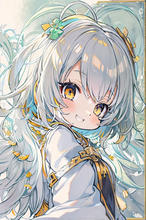  best quality, High image quality,   Masterpiece , Grey Hair,  golden eyes, White clothes, Look up,  upper body, hair,  white skin,  Side Blade , smile, Double teeth, Chibi