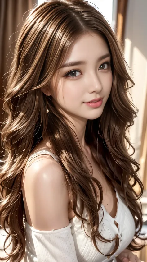 ((  best quality ,  table top in front of you,   super high resolution、 most complex and detailed description ))、(Spring-like outfit)、( face close-up:1.5),(  one beautiful woman  :1.8)、(Very Light Brown Wavy Hair:1.8), ( accurate anatomy:1.1)、 colored cont...