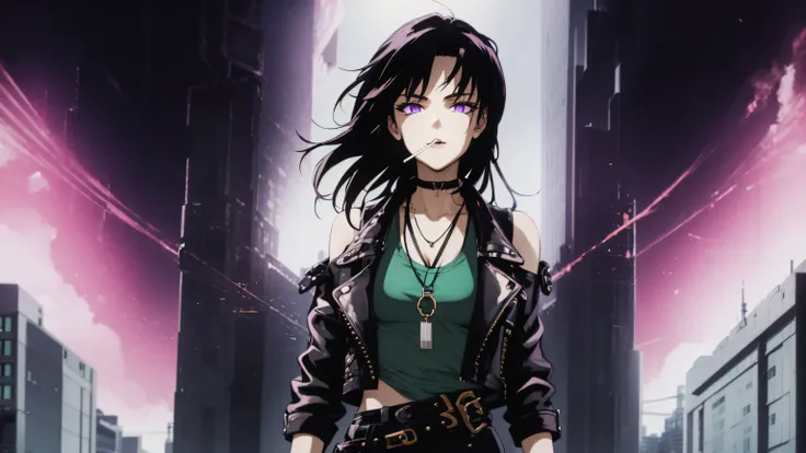 90s dark anime punk girl with aviators and long dark hair. A urban city in the background illuminates her. She wears a leather jacket over a green tank top and a choker necklace. She leans against a pillar with a cigarette in her mouth. There is an overall...