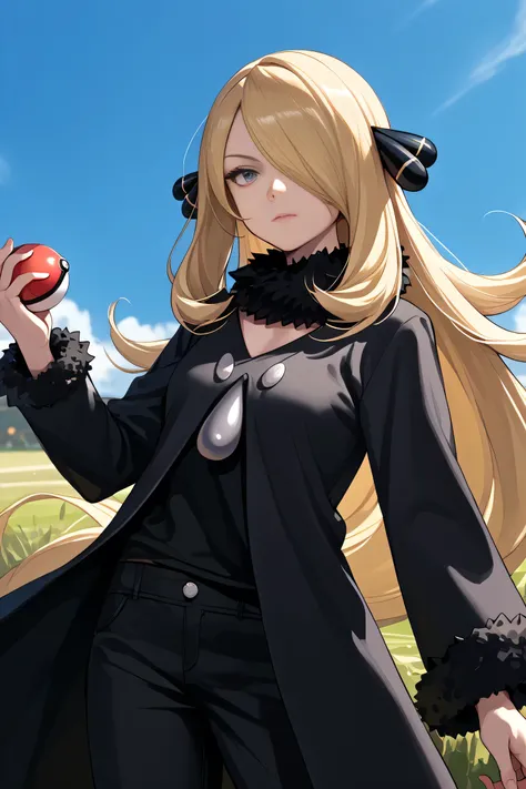 score_9, score_8_up,score_7_up, source_anime, rating_questionable, 1girl, solo, EPpkCynthia, long hair, blonde hair, hair over one eye, grey eyes, black pants, fur trim, fur collar, black robe, black shirt, fur-trimmed sleeves, fur-trimmed robe, long sleev...