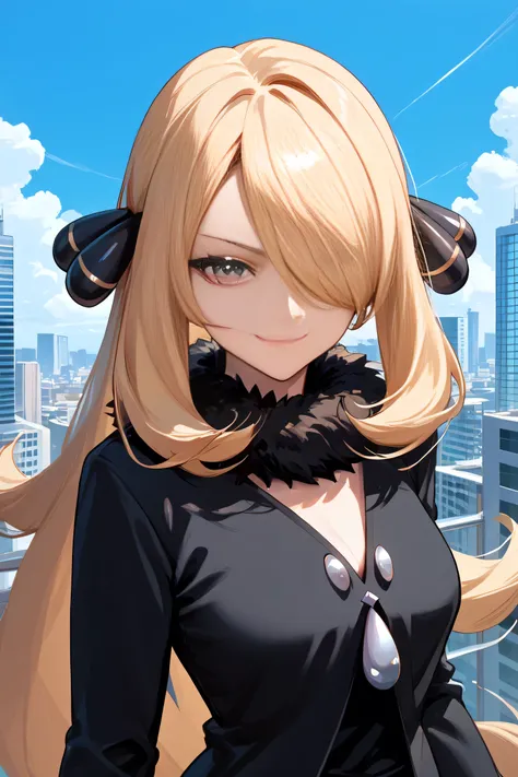 score_9, score_8_up, score_7_up, score_6_up, source_anime BREAK 1girl  defCyn, hair over one eye, hair ornament, fur collar, black gown, long sleeves, black pants, (big breasts:0.6), looking at you, smug smile, closed mouth, blue sky, city, upper body