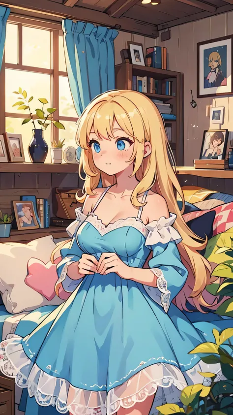 a woman in a cottage, long blonde hair, modest breasts, blue eyes, long pink dress, lace neckline