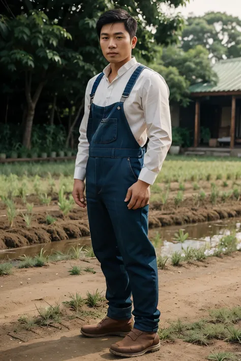 Full body shot of Asian male farmer