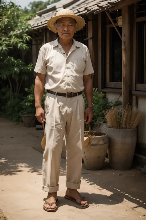 Full body shot of Asian old man farmer wearing a straw hat