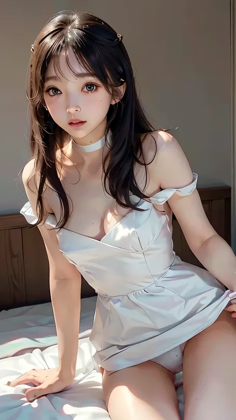 (スカートをたくし上げて white pantiesを見せる:1.3)　Beauty　 long hair　sister　 choker　Beauty　Please open your eyes slightly　 So Embarrassing 　 blush　makeup　 white panties　 off shoulder　 dress　 topless　 low angle　 Panty Shots 　